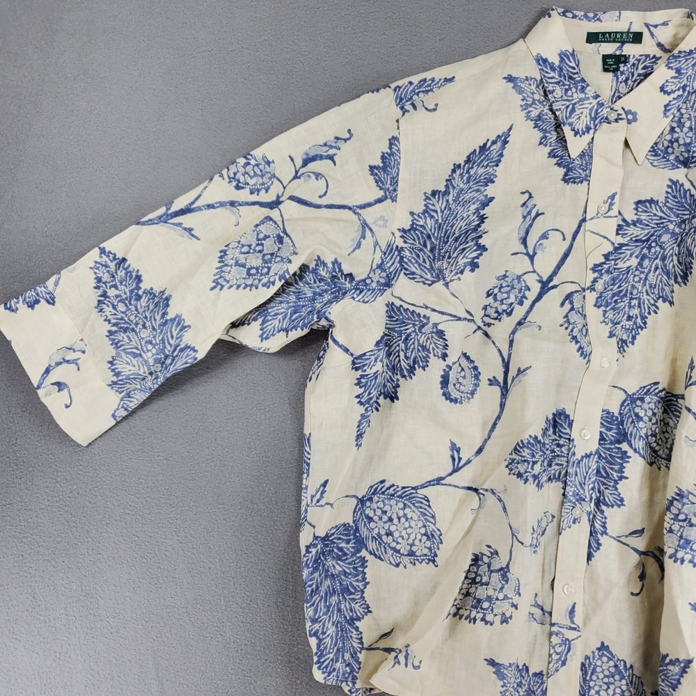 Ralph Lauren Button Down Shirt Women 2X Blue Cream Linen Floral 3/4 Sleeve - Picture 4 of 6